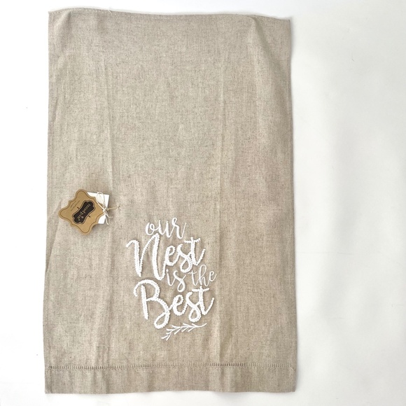Tan Linen Embroidered Hand Towel Our Nest Is the Best - Picture 3 of 4